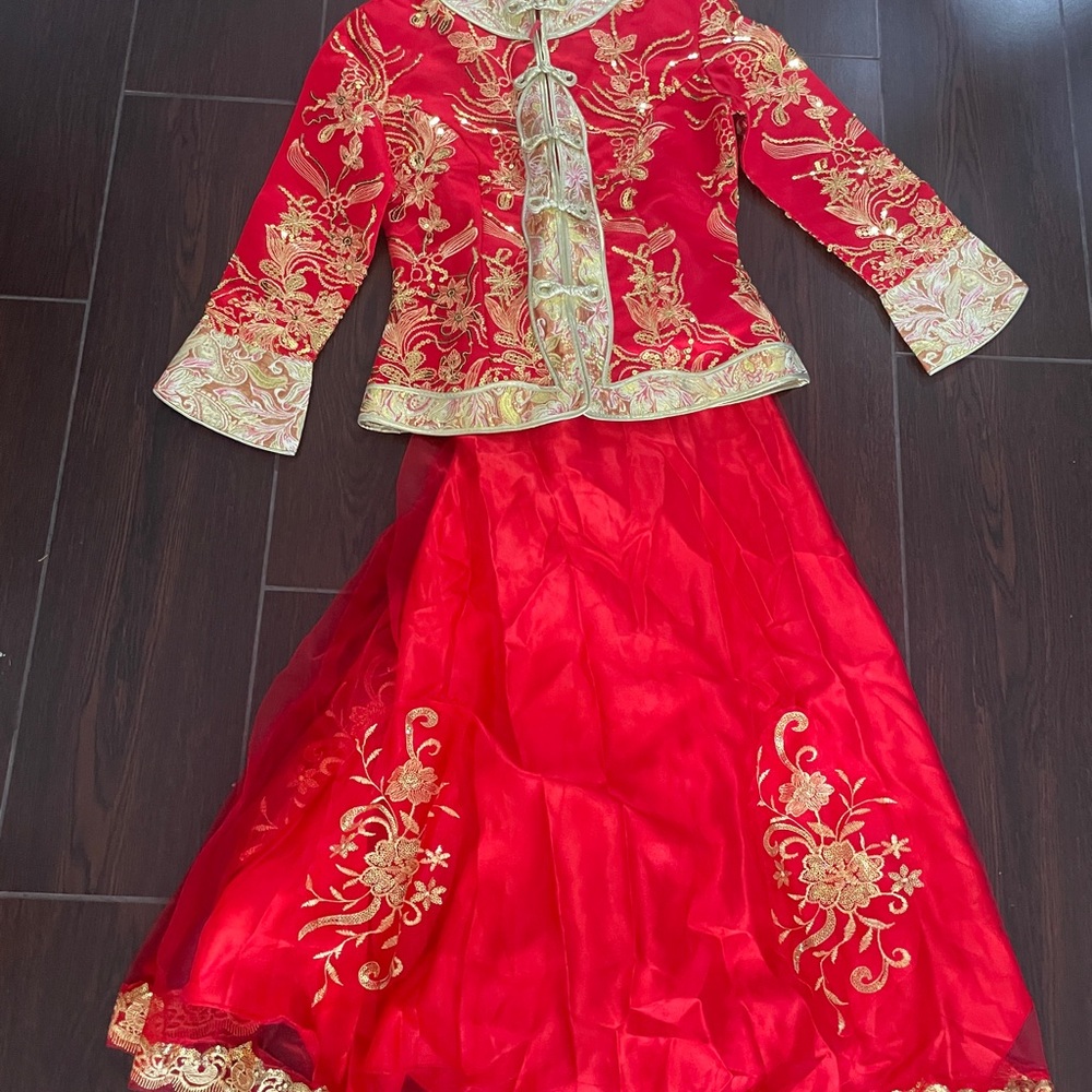 Red Gold Embroidered Traditional tea ceremony dress